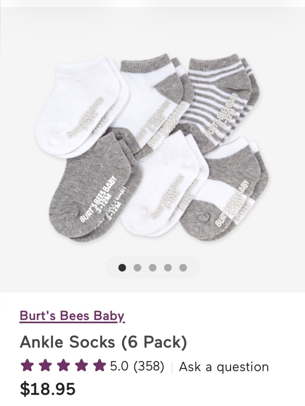 NWT Burt's Bees Baby White & Heather Gray Ankle Socks 6-Pack